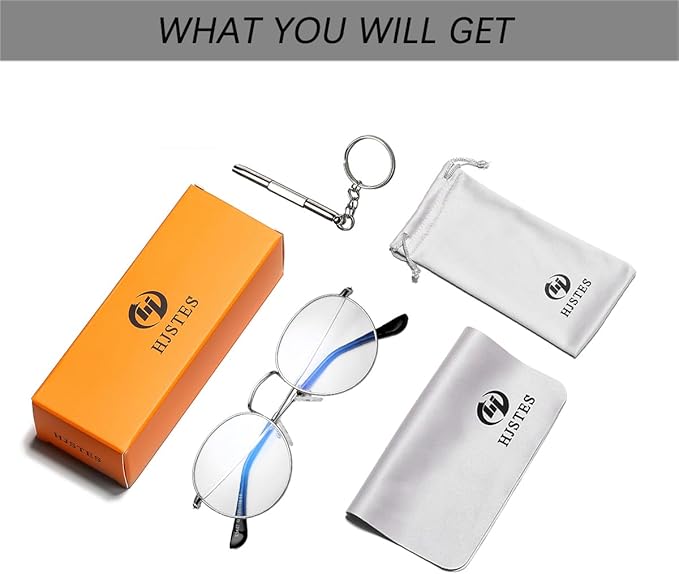 HJSTES Round Blue Light Glasses for Women Men Retro Circle Clear Lens Metal Frame Eyeglasses