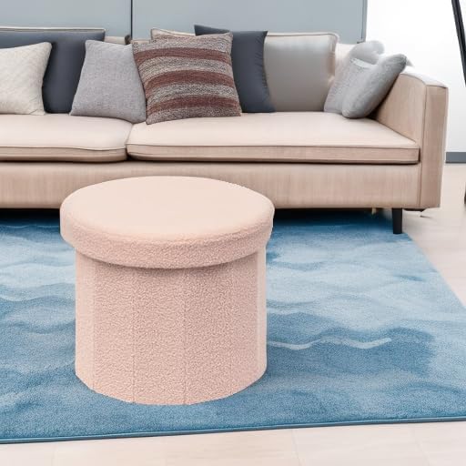 B FSOBEIIALEO Storage Ottoman Cube, Round Ottomans with Storage Foot Stool Footrest for Lving Room, Boucle Ottoman Seat for Dorm Room,Faux Teddy Fur, Pink 15"x15"x13.19"