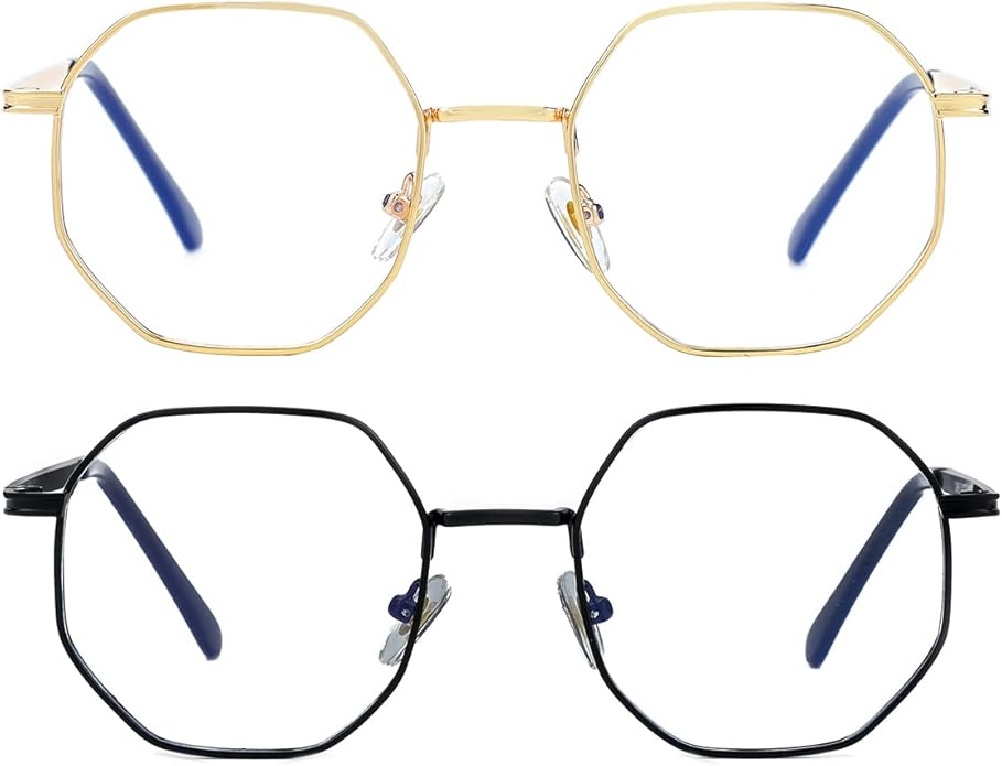 JOVAKIT Polygon Blue Light Blocking Glasses for Women Men Vintage Octagon Square Non-prescription Metal Eyeglasses