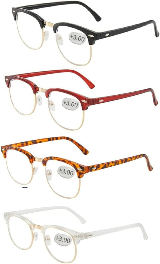 Half frame Retro Semi Rimless Clear Lens Glasses Blue Blocking Eyewear For Men Women (4 Pack Reading 3.0 X)