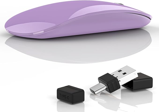 Uiosmuph G11 Wireless Mouse, USB C Rechargeable Computer Mouse, Slim Silent Mice 2.4GHz Optical with USB Nano Receiver and USB C Receiver for Laptop/Mac/PC - Purple