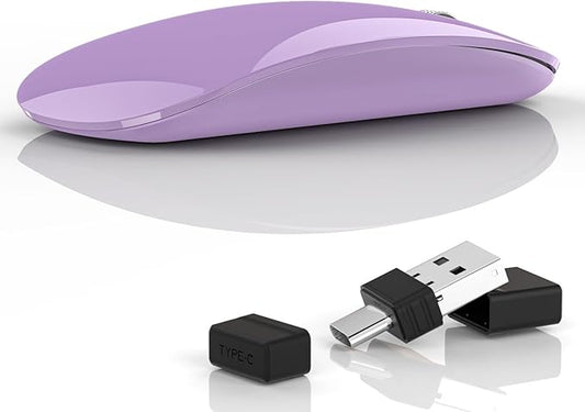 Uiosmuph G11 Wireless Mouse, USB C Rechargeable Computer Mouse, Slim Silent Mice 2.4GHz Optical with USB Nano Receiver and USB C Receiver for Laptop/Mac/PC - Purple