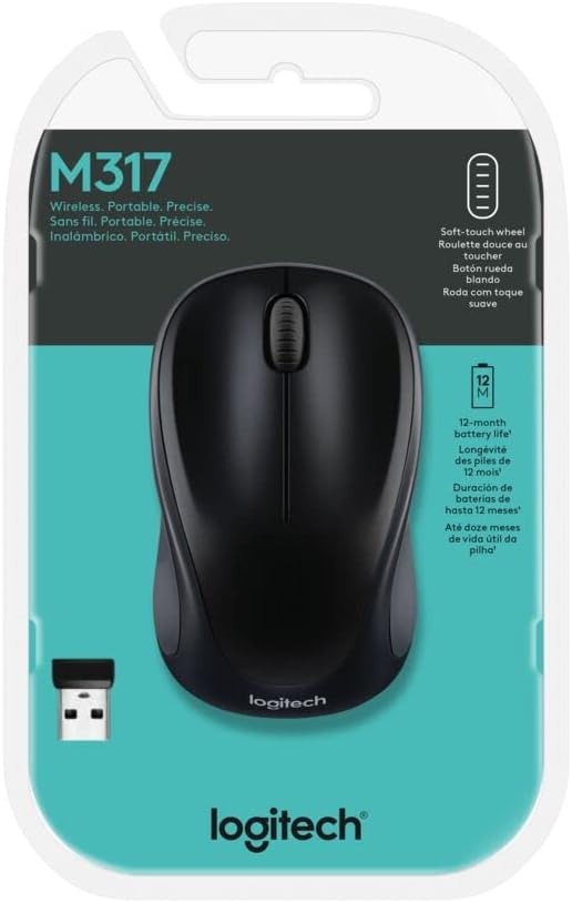 Logitech M317 Wireless Mouse, 2.4 GHz with USB Receiver, 1000 DPI Optical Tracking, 12 Month Battery, Compatible with PC, Mac, Laptop, Chromebook - Black