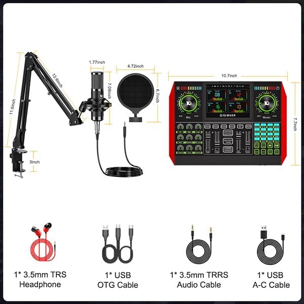Podcast Microphone Bundle with Live Sound Board Audio Mixer, Podcast Equipment Bundle with 3.5mm Boom Mic(P15) for Pc/Phone Live Streaming Singing Gaming, Voice Changer, Denoise