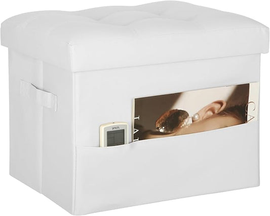BelugaHelper Ottoman with Storage. Leather Foldable Ottomans with Thick Foam Padded Seat. Foot Rest Stool Storage for Living Room and Bedroom. Side Pockets and Handles Designed. 17x13x13in, White