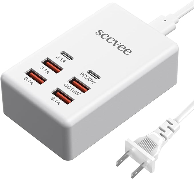USB C Charger, 55W 6-Port USB Charger Holder Multi-USB Charging Station Desktop Multi-Port USB Charger 2-USB C +4-USB A Compatible with iPhone/Google/Xiaomi/Oppo/Tablet etc.