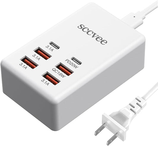 USB C Charger, 55W 6-Port USB Charger Holder Multi-USB Charging Station Desktop Multi-Port USB Charger 2-USB C +4-USB A Compatible with iPhone/Google/Xiaomi/Oppo/Tablet etc.