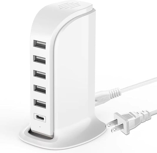 USB Charging Station for Multiple Devices, 5 USB Ports + 1 Type C Multiport Charger Tower, Compatible with Smartphones, Tablets and Other Devices