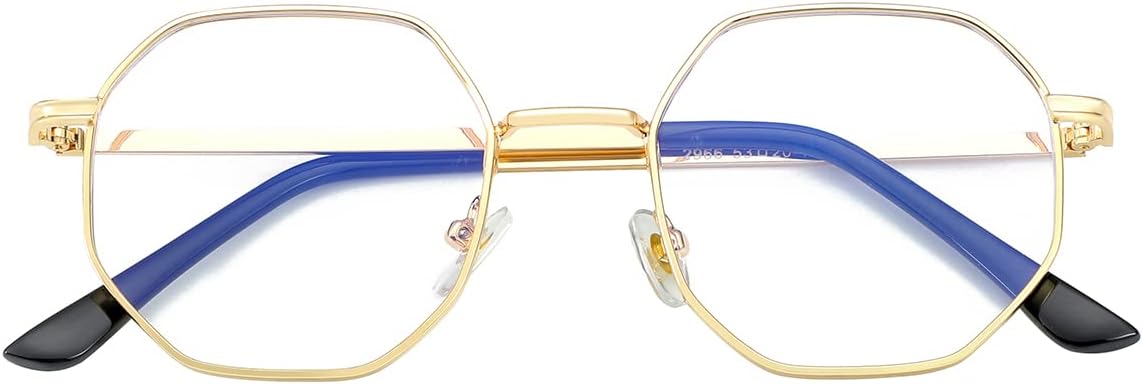 JOVAKIT Polygon Blue Light Blocking Glasses for Women Men Vintage Octagon Square Non-prescription Metal Eyeglasses