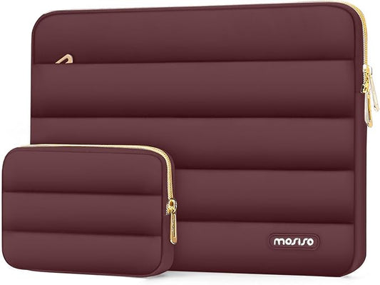 MOSISO Laptop Case 16 inch, 15-15.6 inch Puffy Laptop Sleeve Compatible with MacBook Pro 16 M5 M4 M3 M2 M1, HP Dell ASUS Acer Toshiba Lenovo, Polyester Horizontal Bag with Small Case, Wine Red
