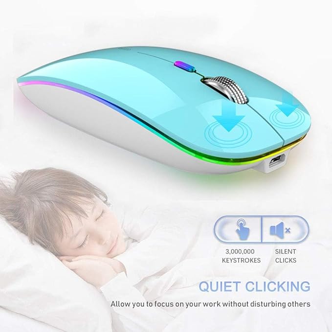 TENMOS Wireless Bluetooth Mouse, LED Slim (BT 5.1 + USB) 2.4GHz Rechargeable Silent Bluetooth Wireless Mouse with Type C Adapter for Laptop/MacBook/iPad OS 13 and Above (Blue)
