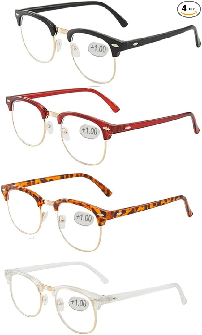 Blue light reading glasses for men Half frame Retro Semi Rimless Clear Lens Glasses Blue Blocking Eyewear For Men Women (4 Pack Reading 1.0 X)