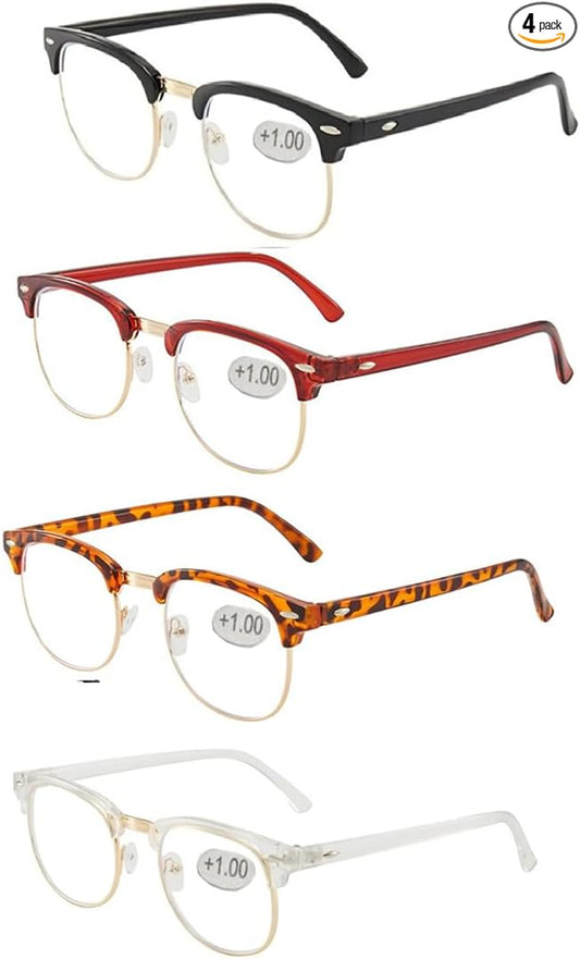 Blue light reading glasses for men Half frame Retro Semi Rimless Clear Lens Glasses Blue Blocking Eyewear For Men Women (4 Pack Reading 1.0 X)