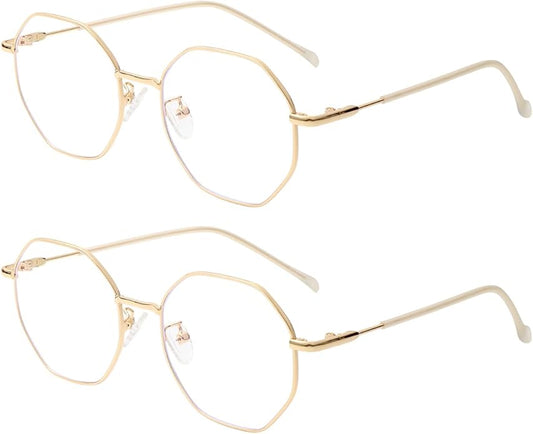 Polygon Blue Light Blocking Glasses for Women Men Retro Octagon Square Non-prescription Metal Frame Eyeglasses