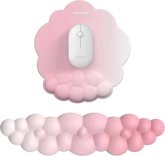 TECKNET Cloud Wrist Rest & Ergonomic Mouse Pad, Cloud Keyboard Wrist Rest with Non-Slip Base, PU Leather Memory Foam Wrist Pad for Keyboard and Mouse, Pain Relief for Typing, Gaming, Pink