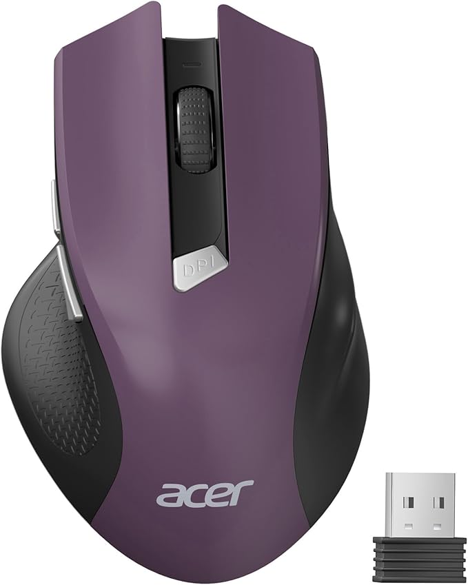 acer Wireless Mouse for Laptop, 2.4GHz Computer Mouse 3 Adjustable DPI Office Cordless USB Mice with USBA Receiver, 6 Buttons, 1600 DPI, Medium to Large Sized Hands (Purple)