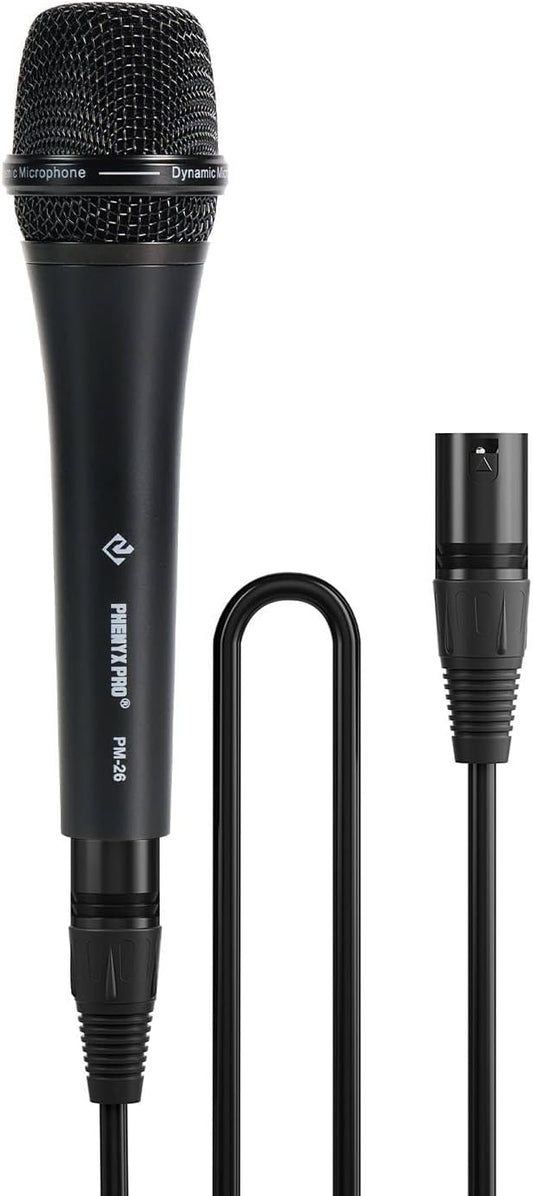 Phenyx Pro Vocal Microphone, Supercardioid Dynamic Mic with 16.4 ft XLR Cable, Mic Clip, Storage Bag, Wired Handheld Microphone for Singing, Stage, Studio, Karaoke (PM-26)