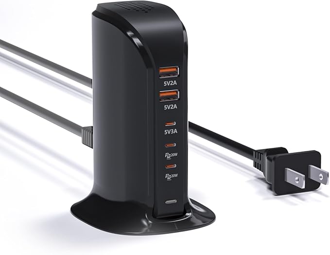 USB C Charging Station for Multiple Devices,55W Multiport USB Tower Charger,5 Port USB C Wall Charger Block for iPhone,iPad,Samsung (Black)