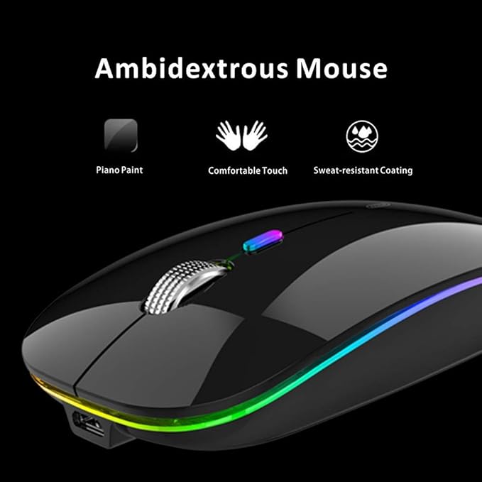 Uiosmuph LED Wireless Mouse, G12 Slim Rechargeable Silent Mouse, 2.4G Portable USB Optical Wireless Computer Mice with USB Receiver and Type C Adapter (Black)