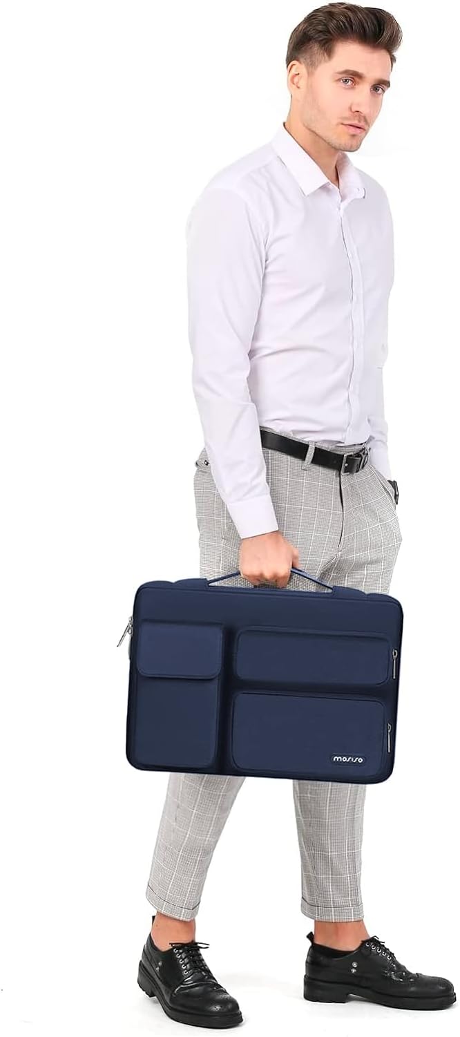 MOSISO 360 Protective Laptop Case 16 inch,15-15.6 inch Laptop Sleeve Compatible with MacBook Pro 16 M5 M4 M3 M2 M1,HP Acer Dell Lenovo ASUS,Side Open Bag with 2 Raised&1 Flapover Pockets, Navy Blue
