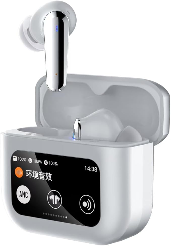 Q30 Bluetooth earphones, equipped with an intelligent color touch screen, supporting ANC and ENC active noise reduction functions, wireless audio earbuds for better sound quality and comfort (silver)