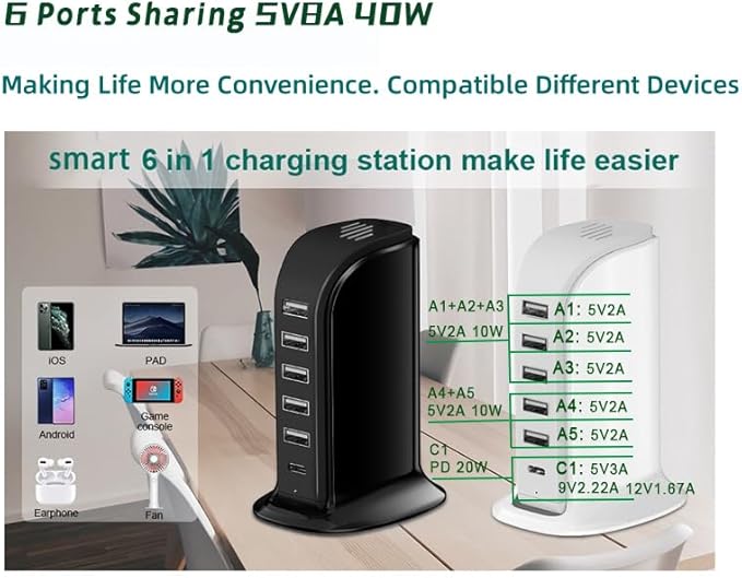 USB Charging Station for Multiple Devices, 40W Multiport Charger Tower, Type C Port Supports PD Quick Charge Compatible with iPhone, Smartphones, Tablets and Other Devices (White)