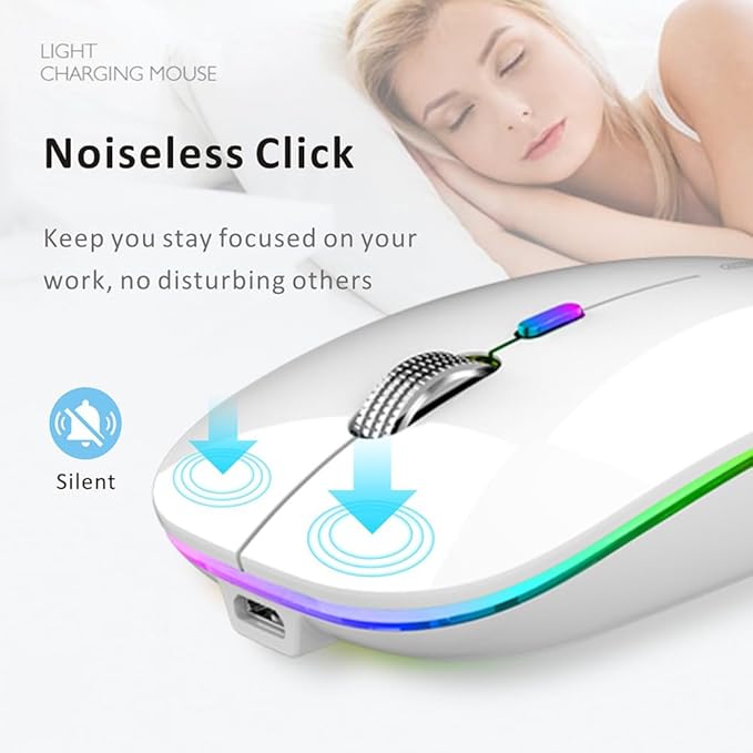 Uiosmuph LED Wireless Mouse, G12 Slim Rechargeable Silent Mouse, 2.4G Portable USB Optical Wireless Computer Mice with USB Receiver and Type C Adapter (White)