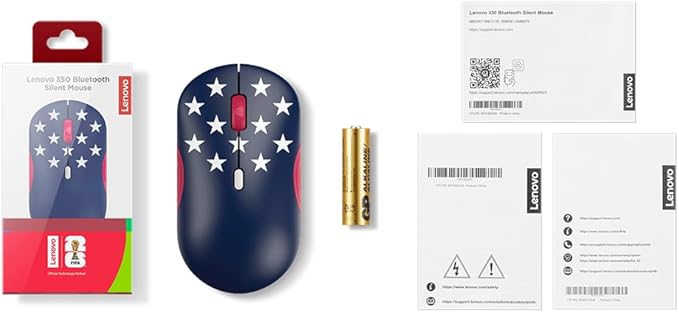 Lenovo 350 Bluetooth Silent Mouse (Fan Edition), Wireless Ergonomic Ambidextrous Design, Bluetooth 5.3, Adjustable DPI up to 2400, 36 Month Battery Life, Recycled Materials, USA Flag