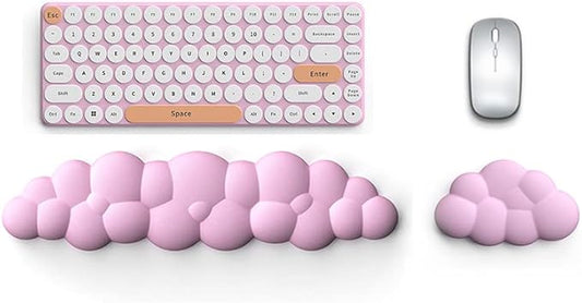 Cloud Keyboard Wrist Rest Pad Set, Enlarge PU Leather Memory Foam Cushion Support, Easy Typing Pain Relief, Mouse Rest Pad, Non-Slip Support for Home, Office, Pink