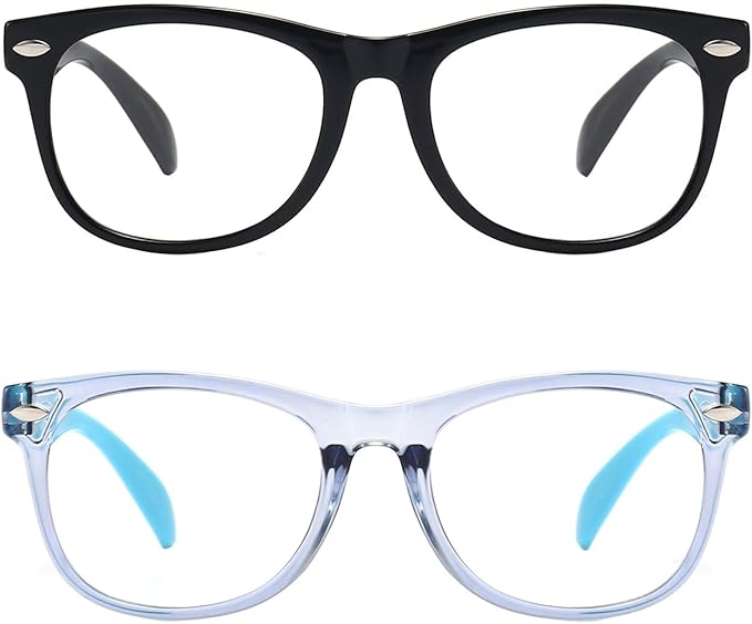 FANNYGO 2 Pack kids Blue Light Blocking Glasses For Girls And Boys Computer Blue Light Blocking Glasses For Age 3-11 (Black + Light blue)