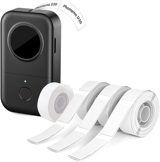 Phomemo D30 Label Maker with 4 Tapes - Black on White Continuous Label Tape, Mini Bluetooth Label Printer, Portable Smart Phone Handheld Sticker Labeler Inkless Rechargeable BPA-Free