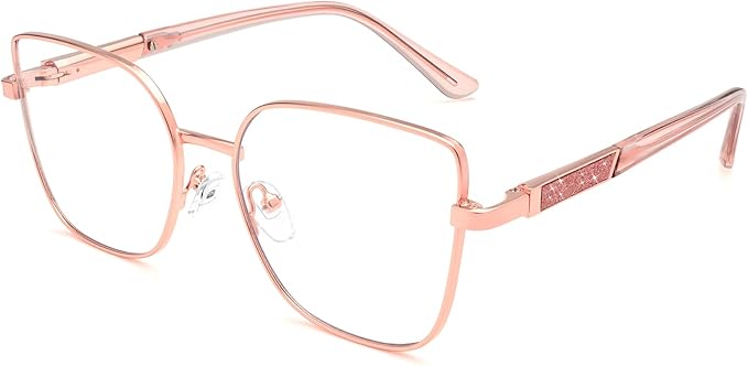 Dollger Pink Oversized Square Blue Light Blocking Glasses for Women Trendy Oversized Computer Gaming Eyeglasses Cat Eye Metal Frame bluelight glasses Rose Gold