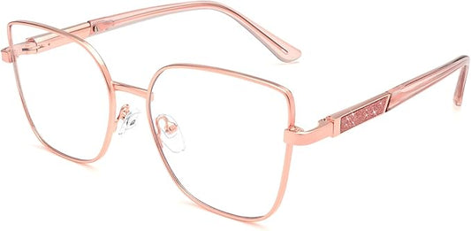 Dollger Pink Oversized Square Blue Light Blocking Glasses for Women Trendy Oversized Computer Gaming Eyeglasses Cat Eye Metal Frame bluelight glasses Rose Gold