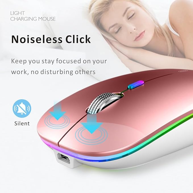 Uiosmuph LED Wireless Mouse, G12 Slim Rechargeable Silent Mouse, 2.4G Portable USB Optical Wireless Computer Mice with USB Receiver and Type C Adapter (Rose Gold)