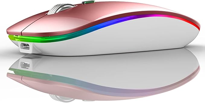 Uiosmuph LED Wireless Mouse, G12 Slim Rechargeable Silent Mouse, 2.4G Portable USB Optical Wireless Computer Mice with USB Receiver and Type C Adapter (Rose Gold)
