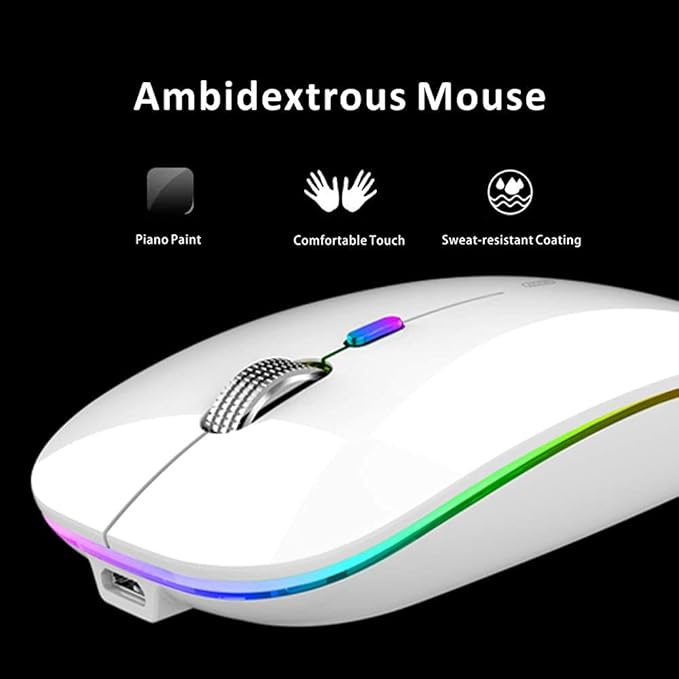 Uiosmuph LED Wireless Mouse, G12 Slim Rechargeable Silent Mouse, 2.4G Portable USB Optical Wireless Computer Mice with USB Receiver and Type C Adapter (White)