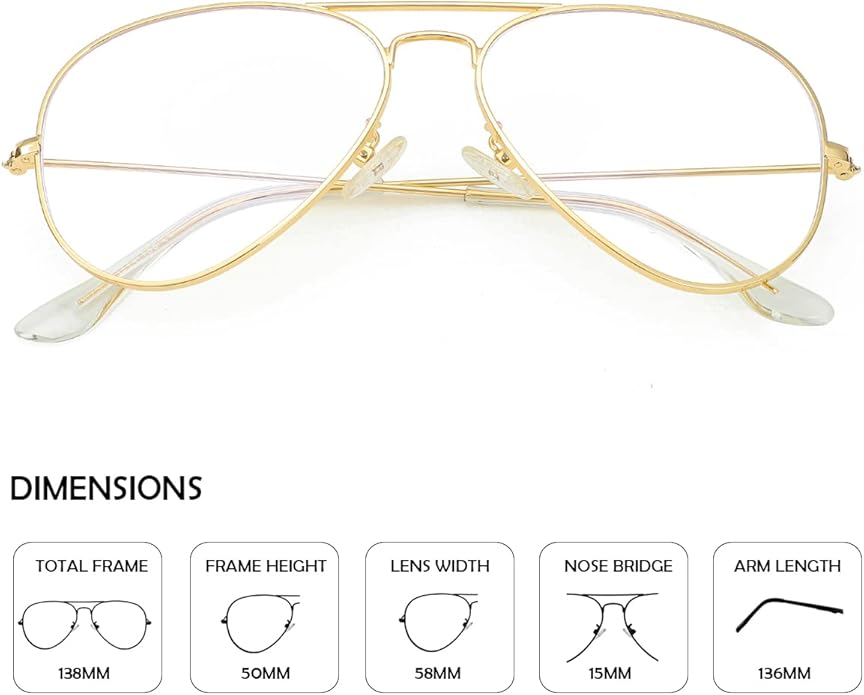 Aviator Clear Lens Glasses for Women Men Non-prescription Eyeglasses Blue Light Blocking Lens Metal Frame