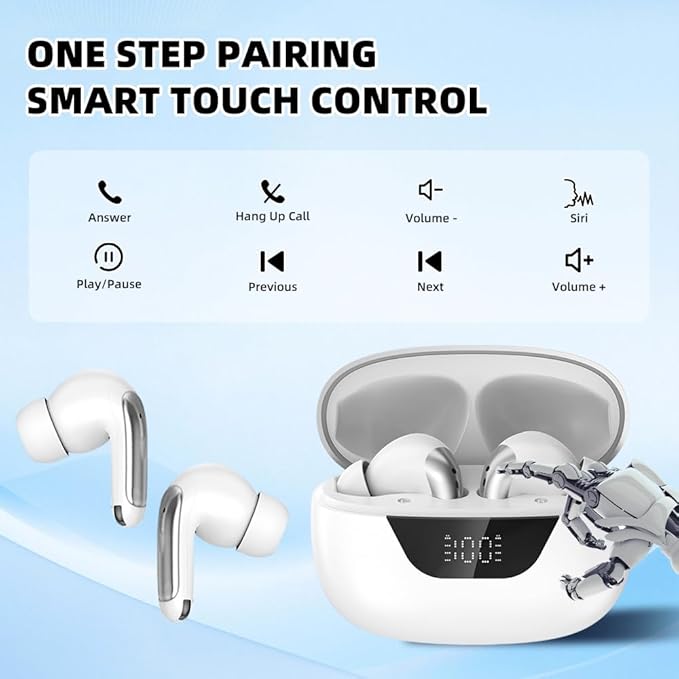 Wireless Earbuds Bluetooth 5.3, 48H Playtime LED Power Display, IPX7 Waterproof Stereo Earphones in-Ear Bluetooth Headphones Android IOS Noise Cancelling Mic for Sports,Phone,Tablet,Laptop(White)