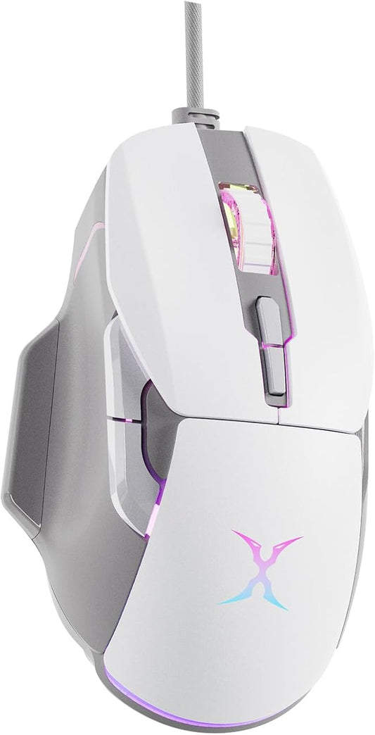 FOXXRAY BM-88 RGB Gaming Mouse, 7200 DPI, Musicsync Backlit, Wired Optical Mouse with 7 Programmable Buttons, 13 Lighting Effects, Braided Cable, Gaming Mouse for PC/Laptop - White