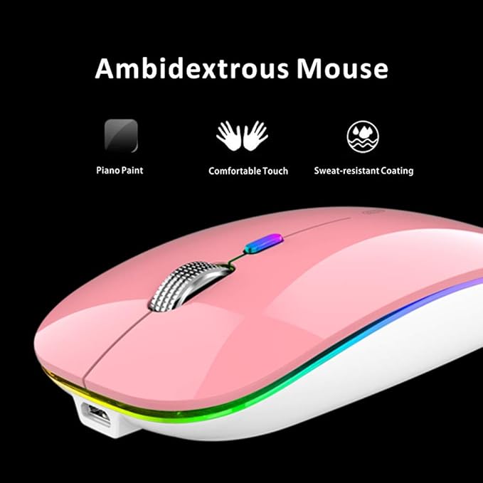 Uiosmuph LED Wireless Mouse, G12 Slim Rechargeable Silent Mouse, 2.4G Portable USB Optical Wireless Computer Mice with USB Receiver and Type C Adapter (Pink)