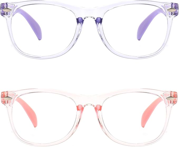 FANNYGO 2 Pack kids Blue Light Blocking Glasses For Girls And Boys Computer Blue Light Blocking Glasses For Age 3-11 (Light purple + Light pink)