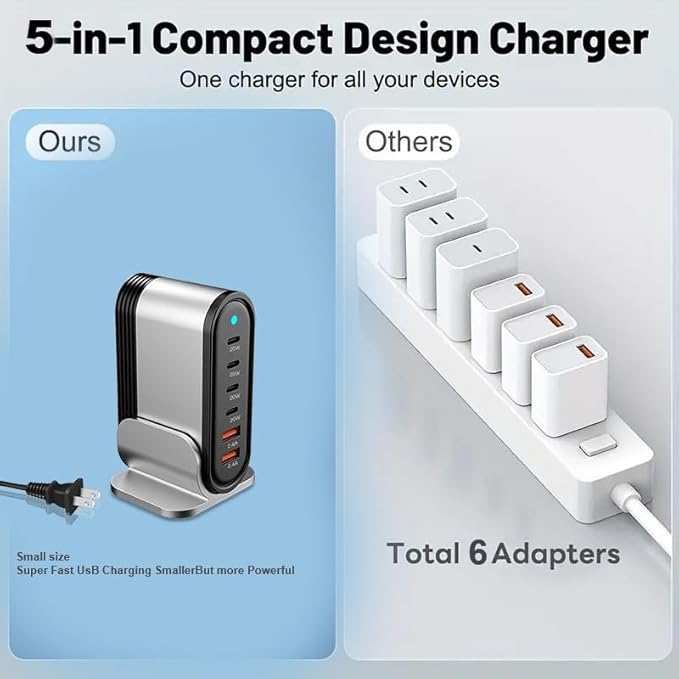 6-in-1 USB Charging Seat, Multi-Port Hub, Fast Charging Wall Charging Station, Power Adapter Socket for Phone 16 15 14 13 12 11 XS XR X SE 8 7 and More (Black)