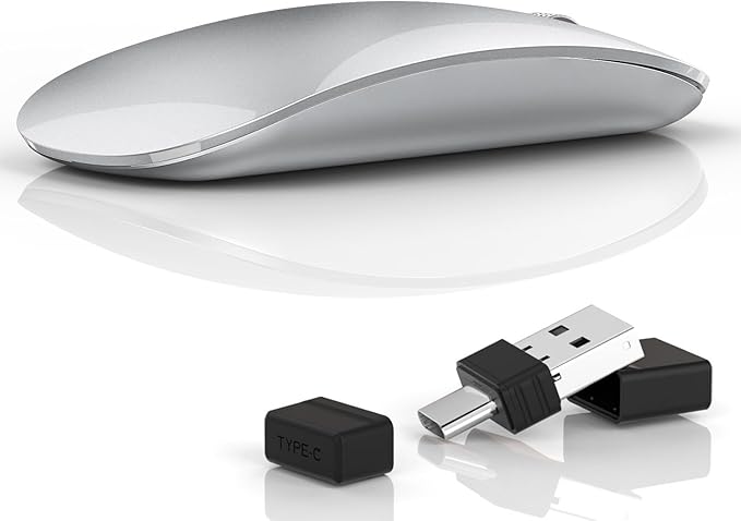 Uiosmuph G11 Wireless Mouse, USB C Rechargeable Computer Mouse, Slim Silent Mice 2.4GHz Optical with USB Nano Receiver and Type C Receiver for Laptop/Mac/PC - Silver