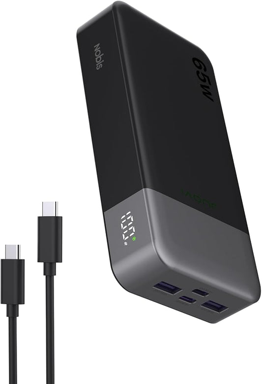 NOBIS Portable Charger, 65W 20000mAh Power Bank Fast Charging PD QC, 2 USB-C(in/Out) & 2 USB-A Battery Pack with Digital Display for Laptop Phone 17 Tablet Earbuds