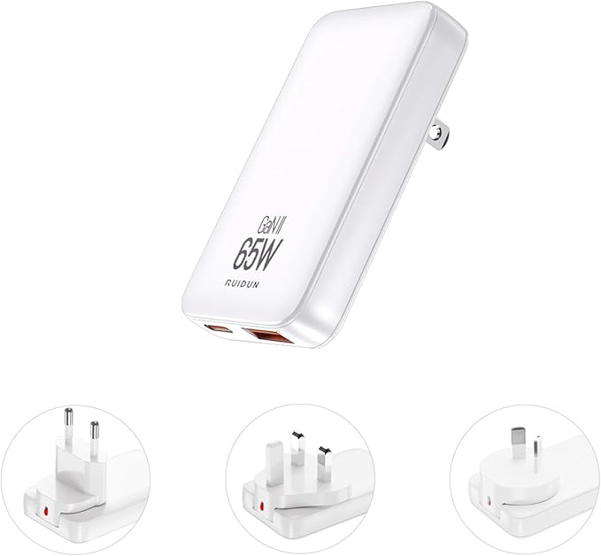 65W Slim GaN USB C Charger Block, Foladable Fast Travel Charger with UK/EU/AU 3 Plugs, 2-Port International Power Adapter for MacBook Air/Pro, iPhone 17/16/15, iPad, Galaxy S25/S24, (2026 New)