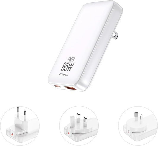 65W Slim GaN USB C Charger Block, Foladable Fast Travel Charger with UK/EU/AU 3 Plugs, 2-Port International Power Adapter for MacBook Air/Pro, iPhone 17/16/15, iPad, Galaxy S25/S24, (2026 New)