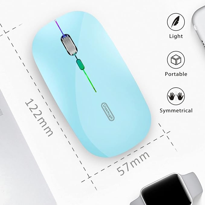 Uiosmuph LED Wireless Mouse, G12 Slim Rechargeable Silent Mouse, 2.4G Portable USB Optical Wireless Computer Mice with USB Receiver and Type C Adapter (Blue)