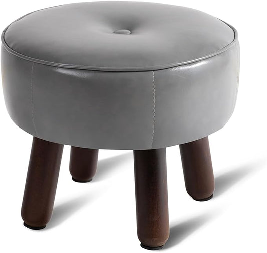 oakvivo Ottoman, Small Foot Stool, Round Leather Pouf Ottoman, 13''L x 13''W x 10.2''H Foot Rest with Non-Skid Rubber Legs for Living Room Bedroom Couch Entryway, Grey