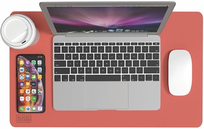 BLACK+DECKER Small Travel Desk Mat, Office Desk Pad, Computer Mat, Laptop Pad for Mobile Office, Computer Furniture Protector, Compact for Carry-On Bags, Ideal for Travel & Work (12"x 20"), Coral