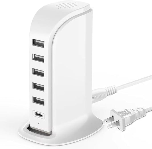 USB Charging Station for Multiple Devices, 40W Multiport Charger Tower, Type C Port Supports PD Quick Charge Compatible with iPhone, Smartphones, Tablets and Other Devices (White)